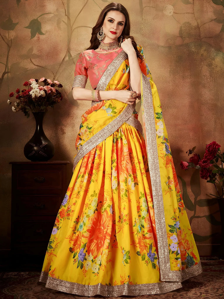 Incredible Yellow Printed Organza Function Wear Plus Size Lehenga Choli