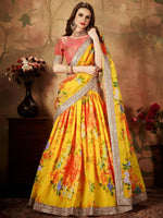 Yellow-Peach Floral Digital Printed Organza Bridal Lehenga Choli