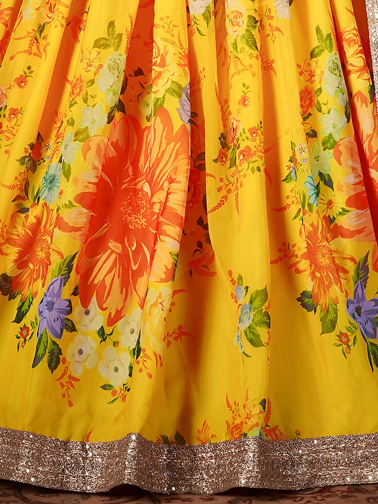 Yellow-Peach Floral Digital Printed Organza Bridal Lehenga Choli