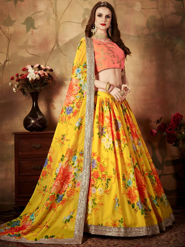 Yellow-Peach Floral Digital Printed Organza Bridal Lehenga Choli
