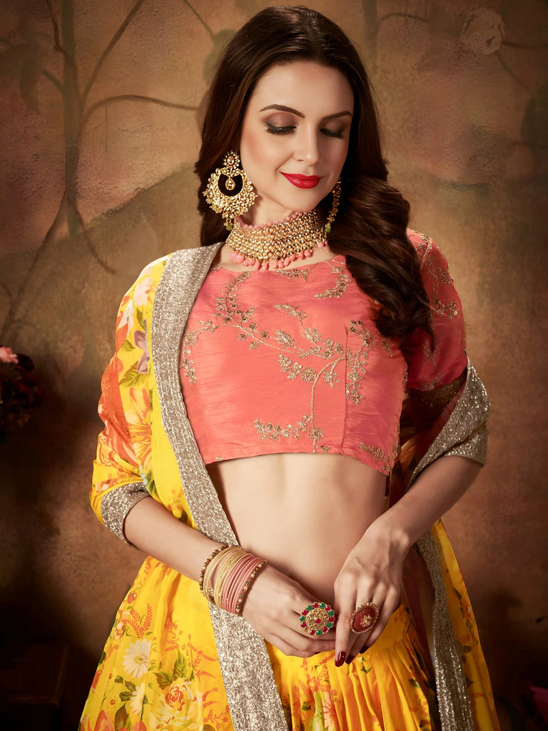 Yellow-Peach Floral Digital Printed Organza Bridal Lehenga Choli