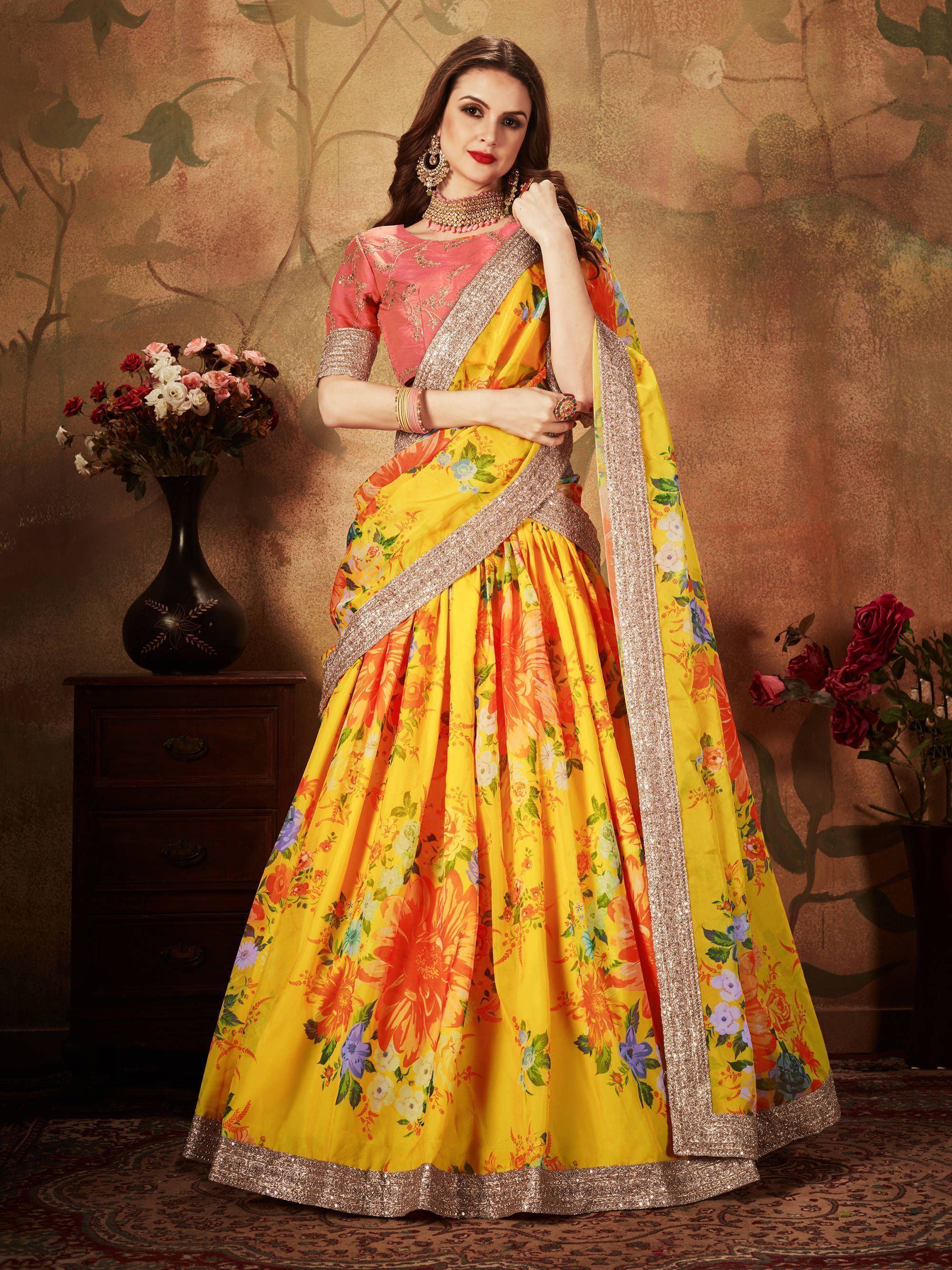 Yellow-Peach Floral Digital Printed Organza Bridal Lehenga Choli