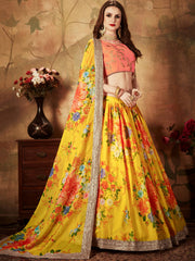 Incredible Yellow Printed Organza Function Wear Plus Size Lehenga Choli