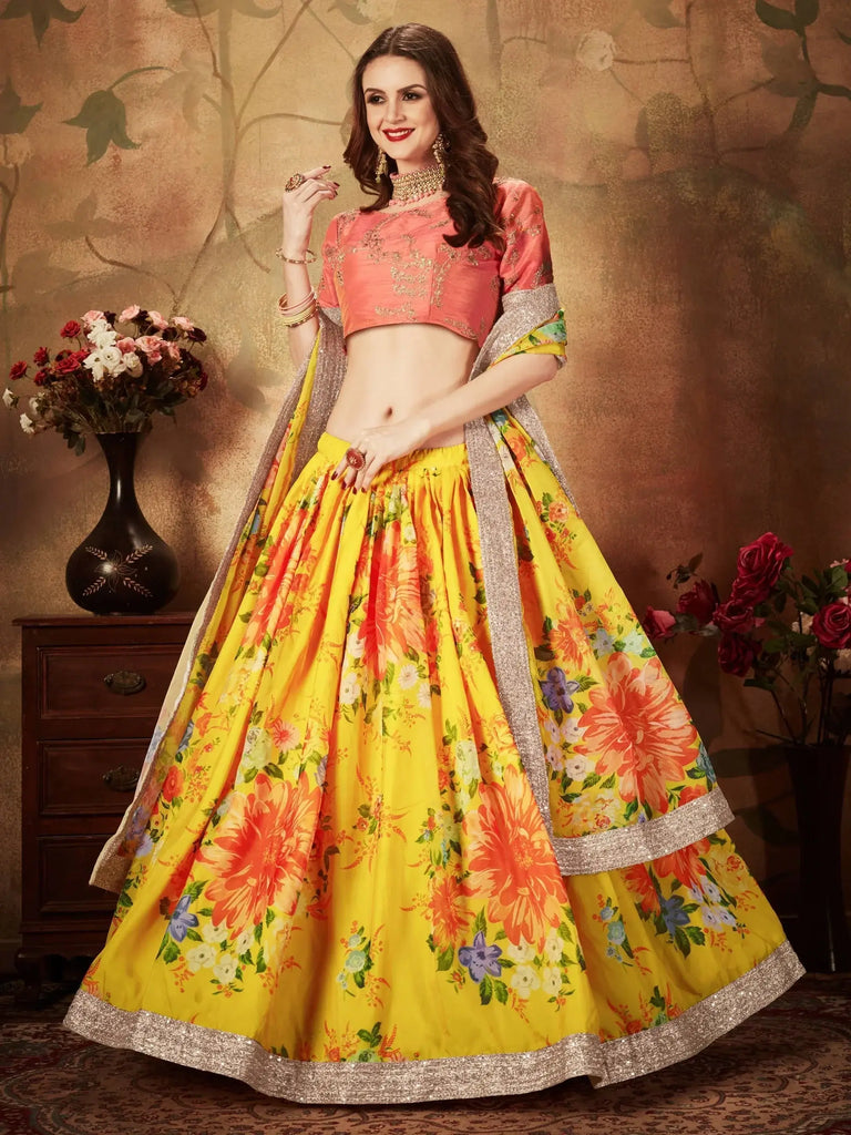 Yellow-Peach Floral Digital Printed Organza Bridal Lehenga Choli