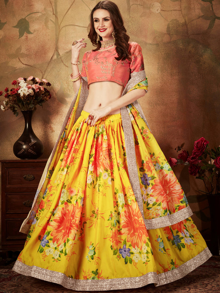 Incredible Yellow Printed Organza Function Wear Plus Size Lehenga Choli