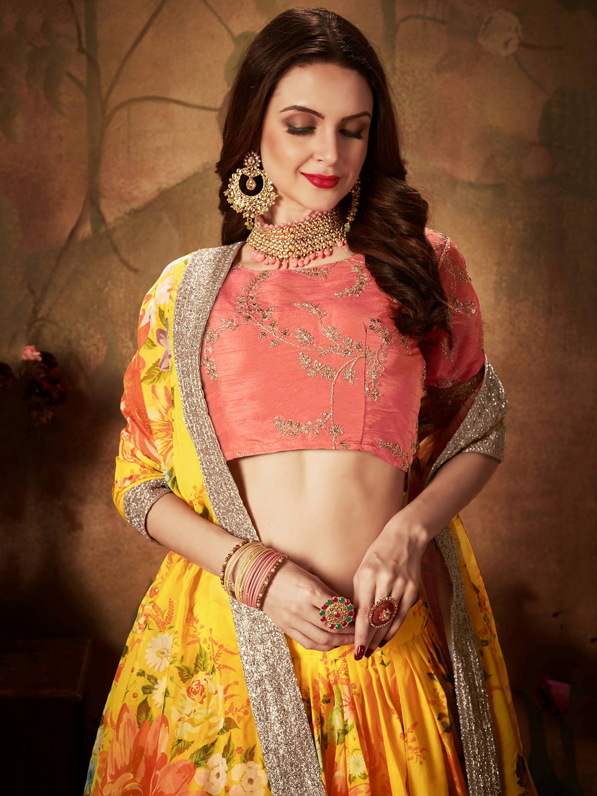 Incredible Yellow Printed Organza Function Wear Plus Size Lehenga Choli