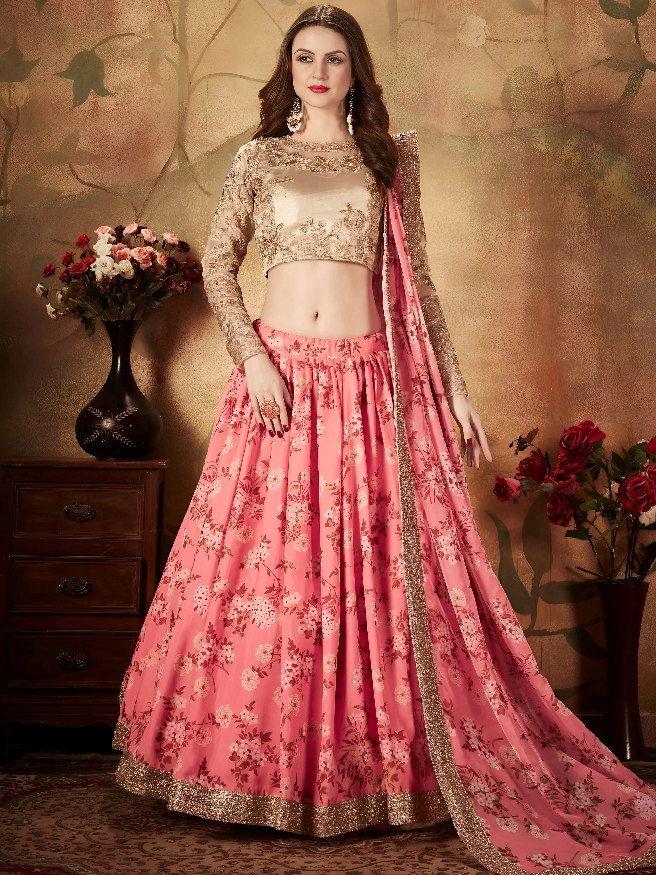 Outstanding Pink Printed Organza Festival Wear Plus Size Lehenga Choli