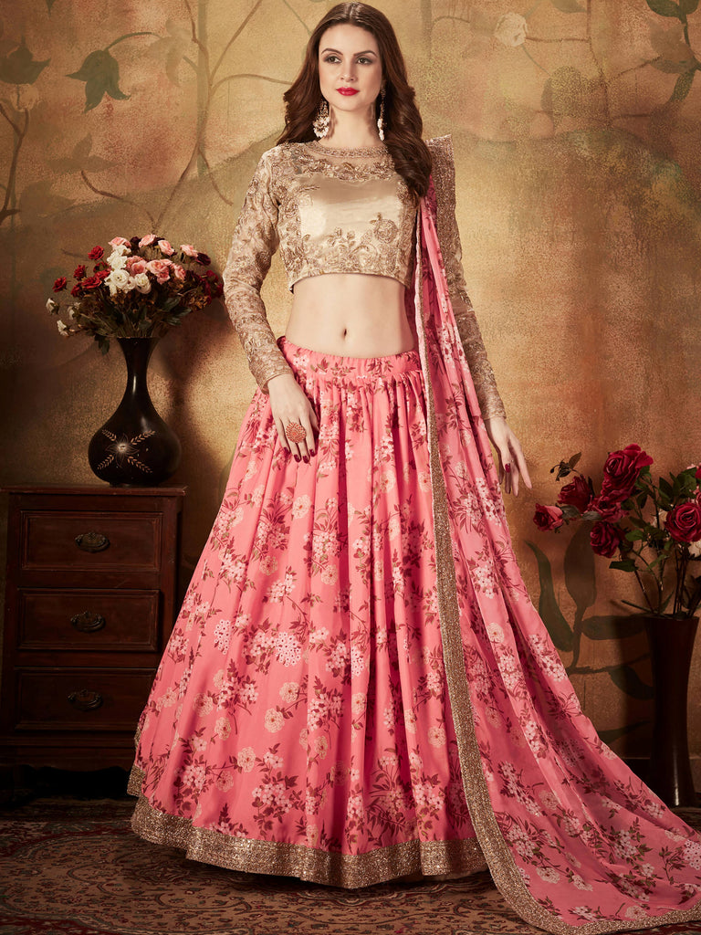 Outstanding Pink Printed Organza Festival Wear Plus Size Lehenga Choli