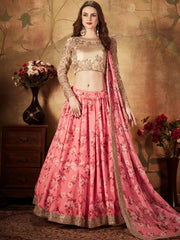 Outstanding Pink Printed Organza Festival Wear Plus Size Lehenga Choli