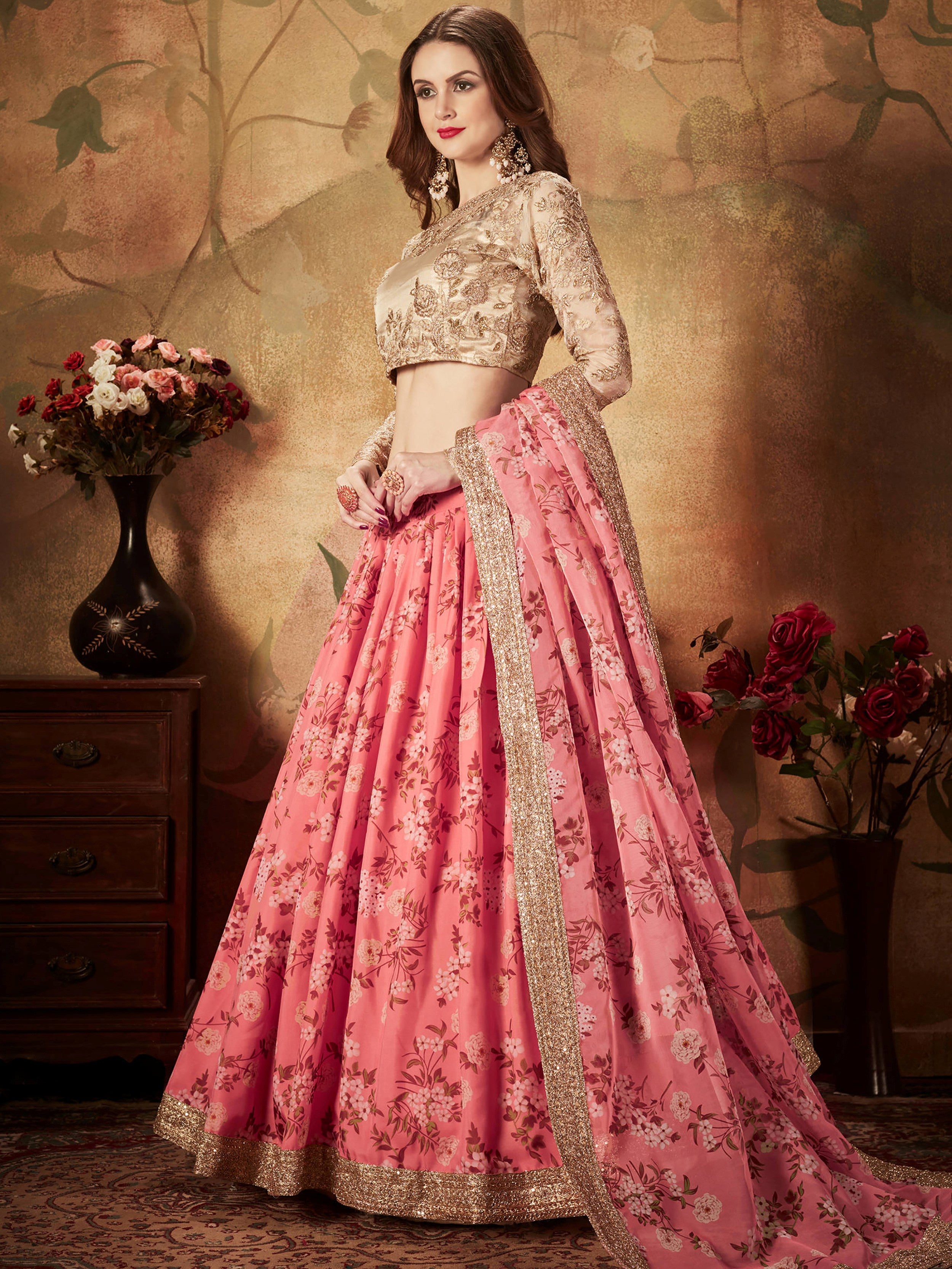 Outstanding Pink Printed Organza Festival Wear Plus Size Lehenga Choli