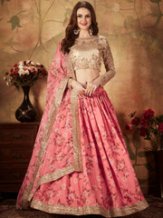 Outstanding Pink Printed Organza Festival Wear Plus Size Lehenga Choli