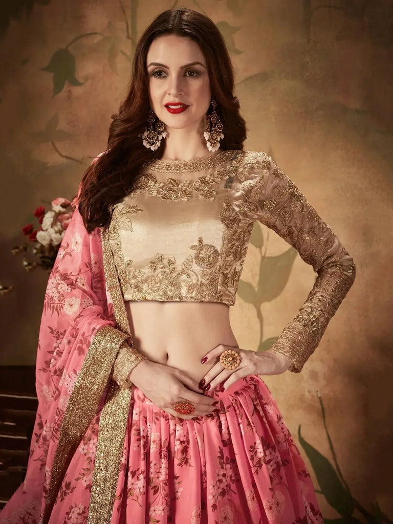 Pink Floral Digital Printed Organza Wedding Wear Lehenga Choli