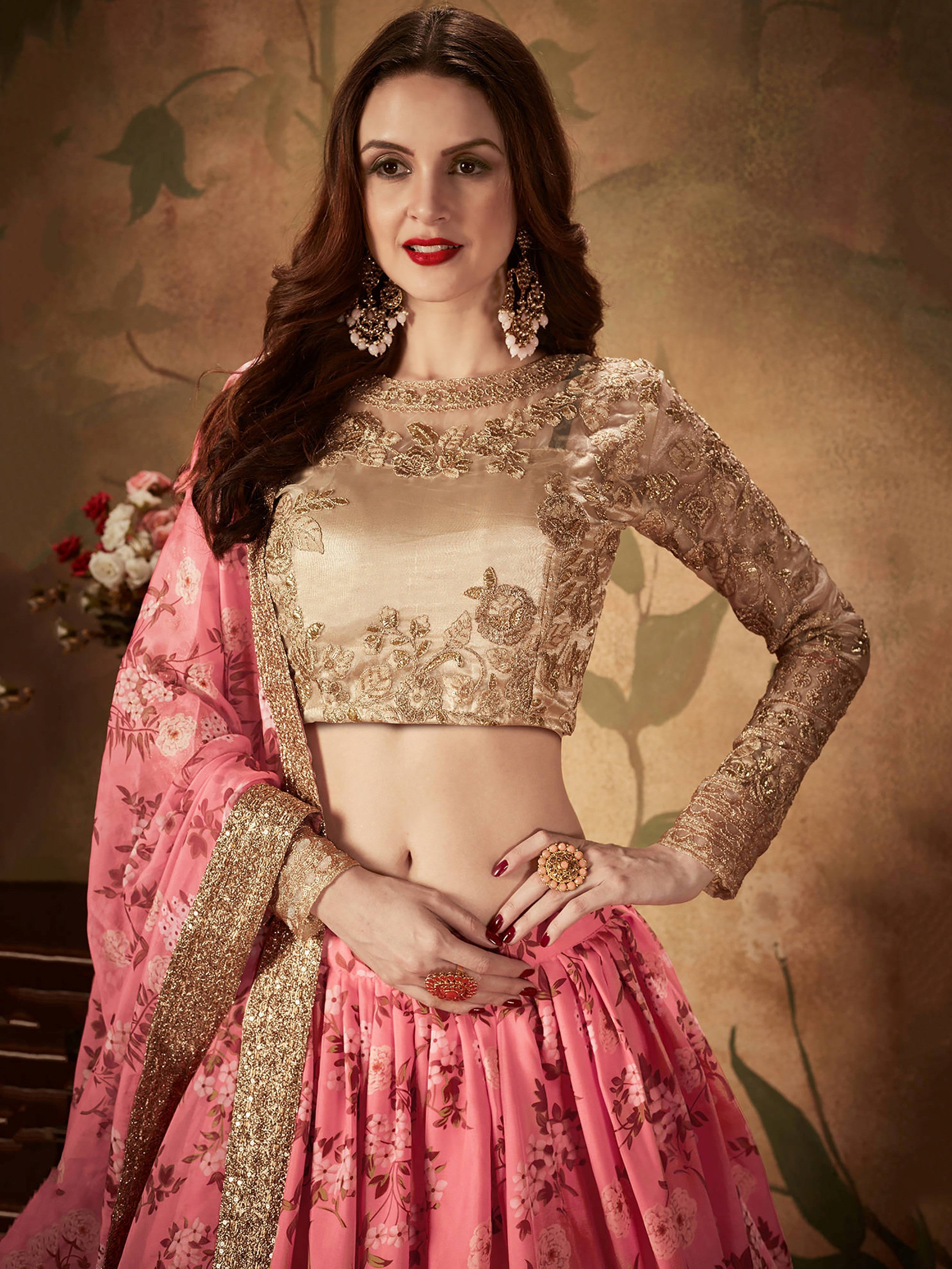 Outstanding Pink Printed Organza Festival Wear Plus Size Lehenga Choli
