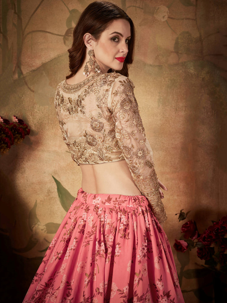 Outstanding Pink Printed Organza Festival Wear Plus Size Lehenga Choli