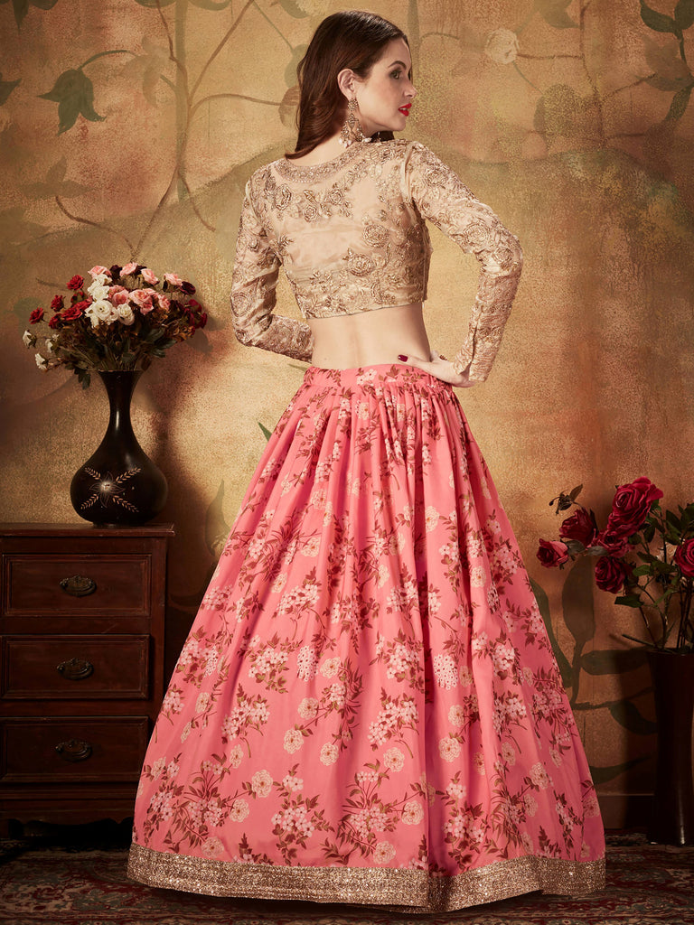 Outstanding Pink Printed Organza Festival Wear Plus Size Lehenga Choli