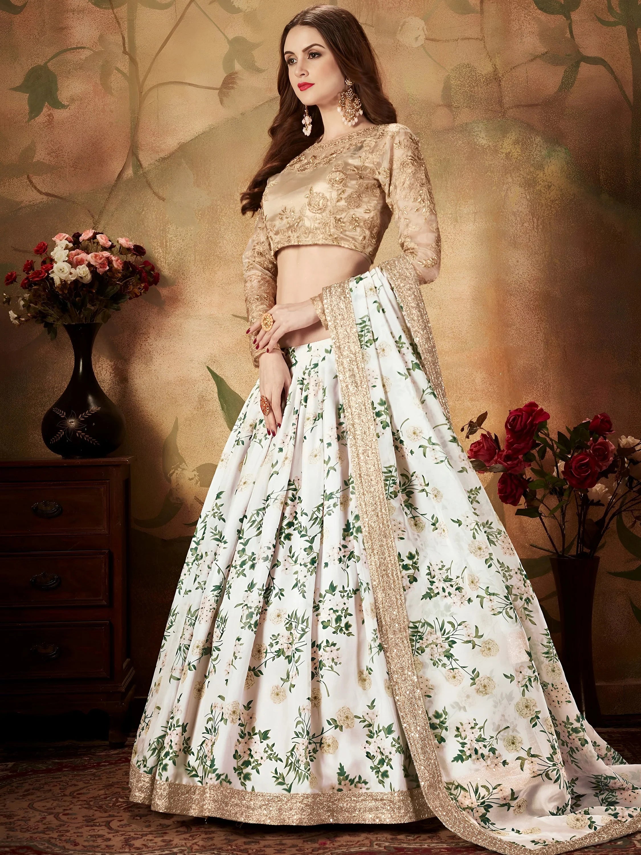Enchanting White Printed Organza Festival Wear Plus Size Lehenga Choli