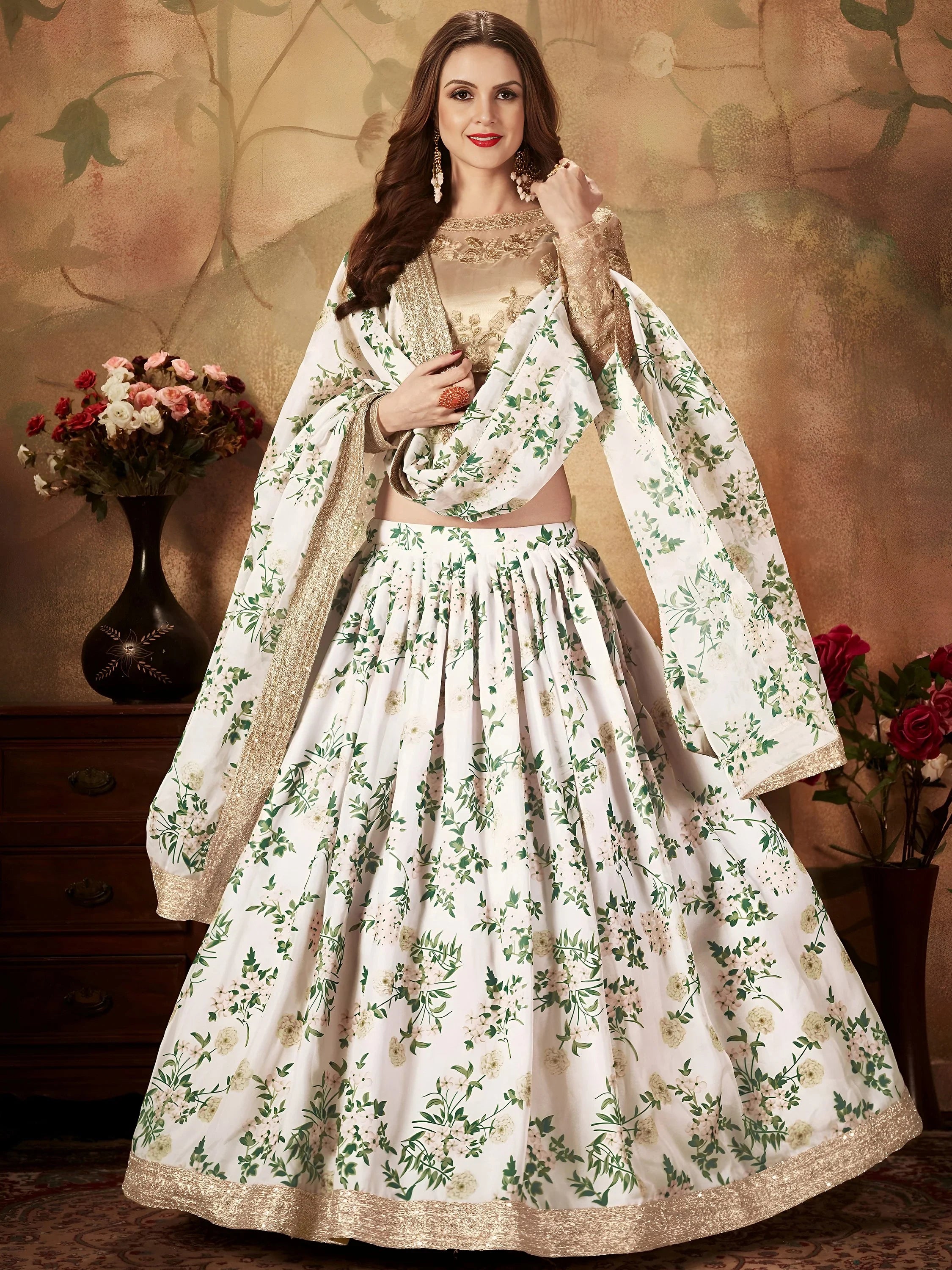 Enchanting White Printed Organza Festival Wear Plus Size Lehenga Choli