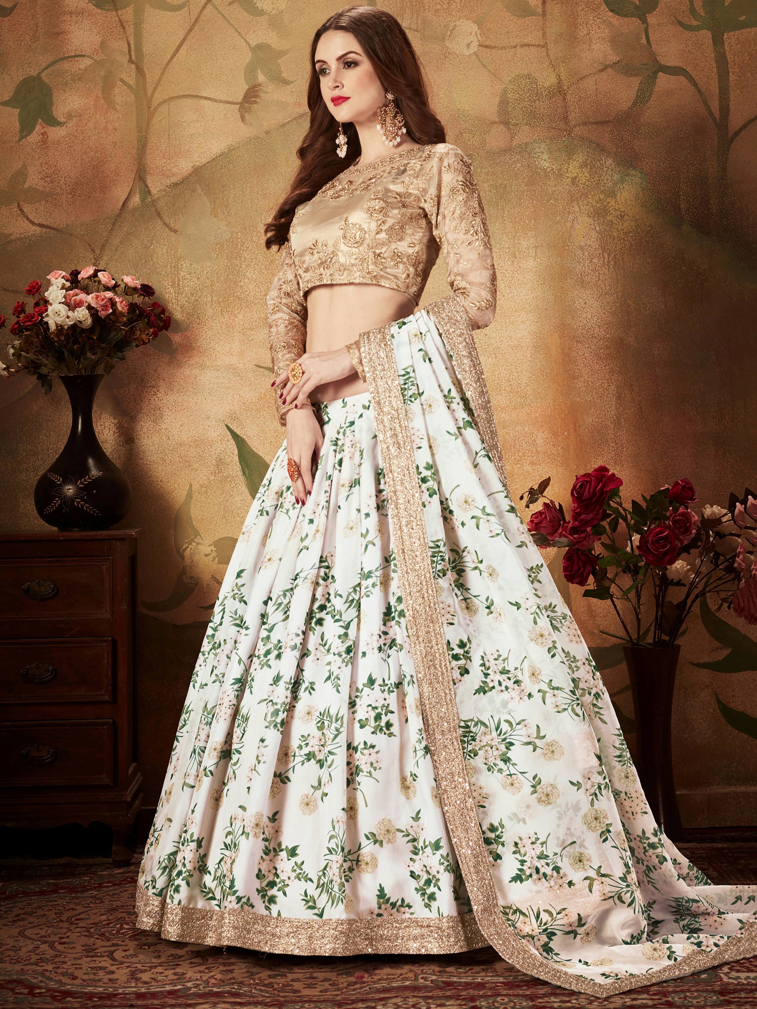 Enchanting White Printed Organza Festival Wear Plus Size Lehenga Choli