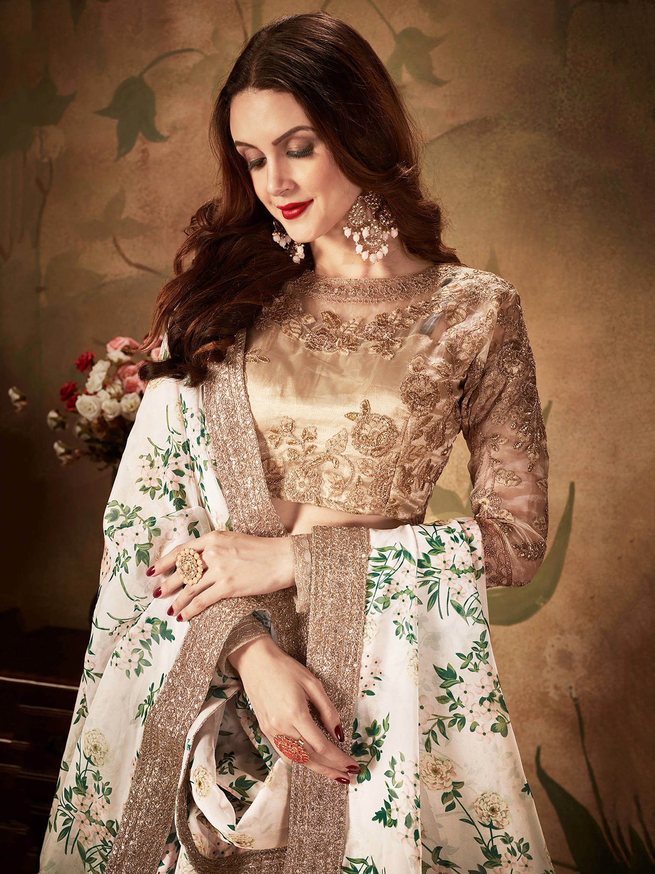 Enchanting White Printed Organza Festival Wear Plus Size Lehenga Choli