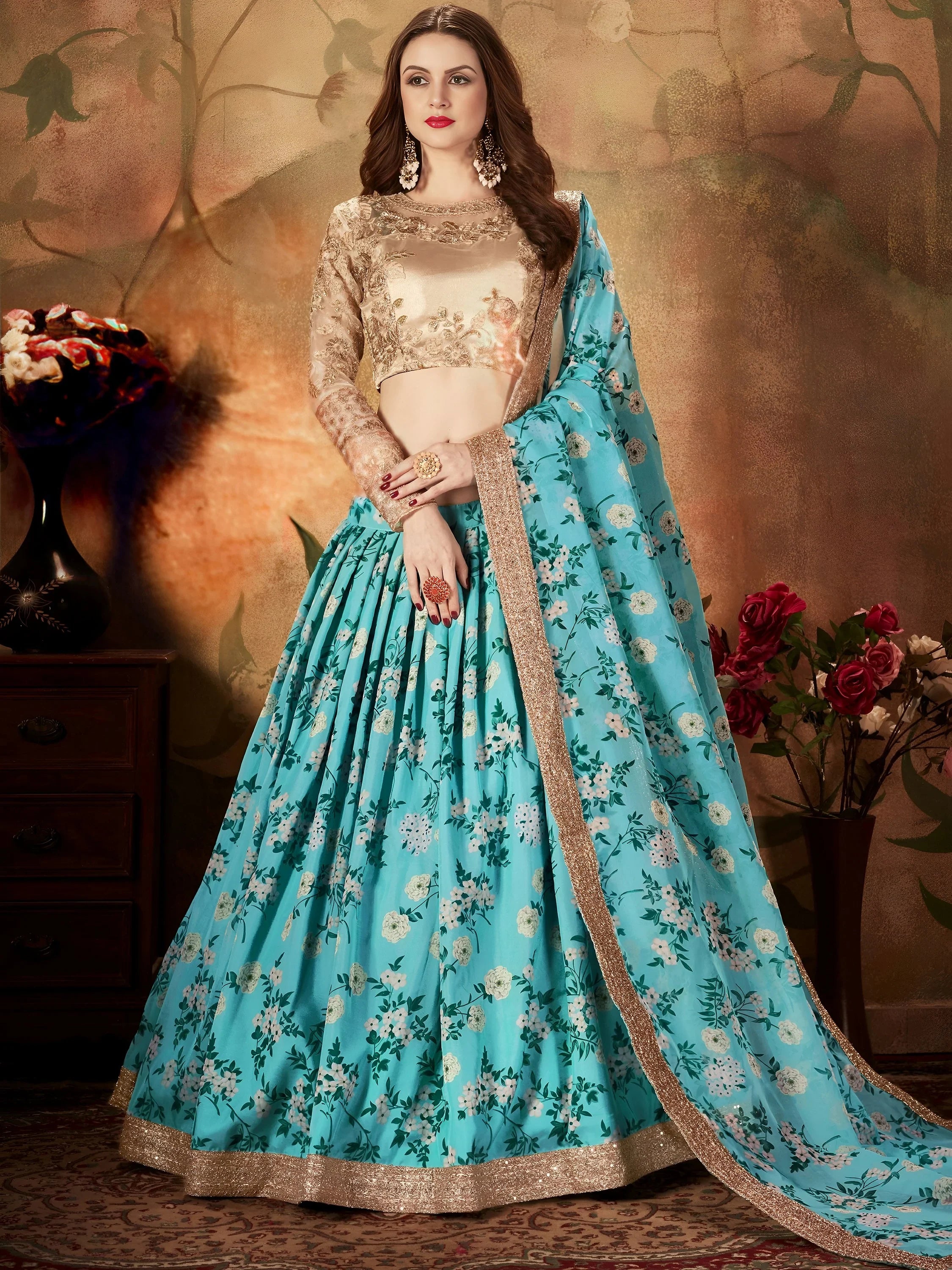Sky Blue Floral Digital Printed Organza Wedding Wear Lehenga Choli