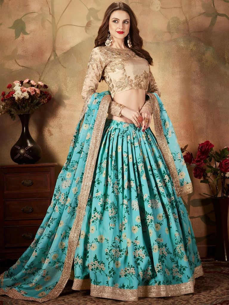 Sky Blue Floral Digital Printed Organza Wedding Wear Lehenga Choli