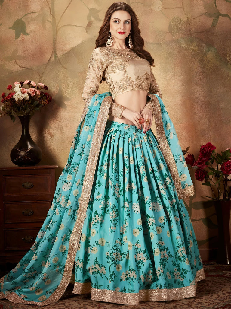 Precious Blue Printed Organza Wedding Wear Plus Size Lehenga Choli