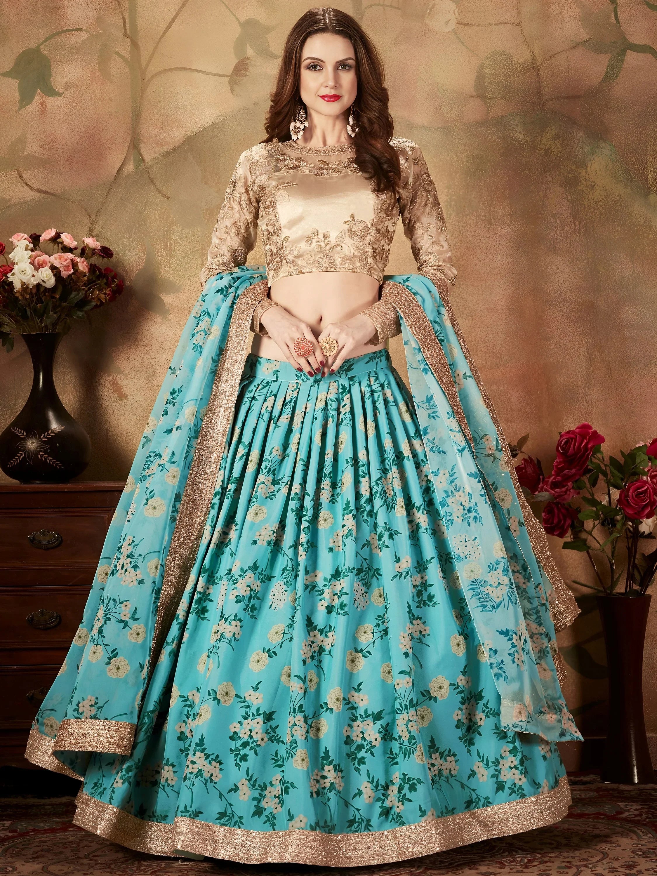 Sky Blue Floral Digital Printed Organza Wedding Wear Lehenga Choli