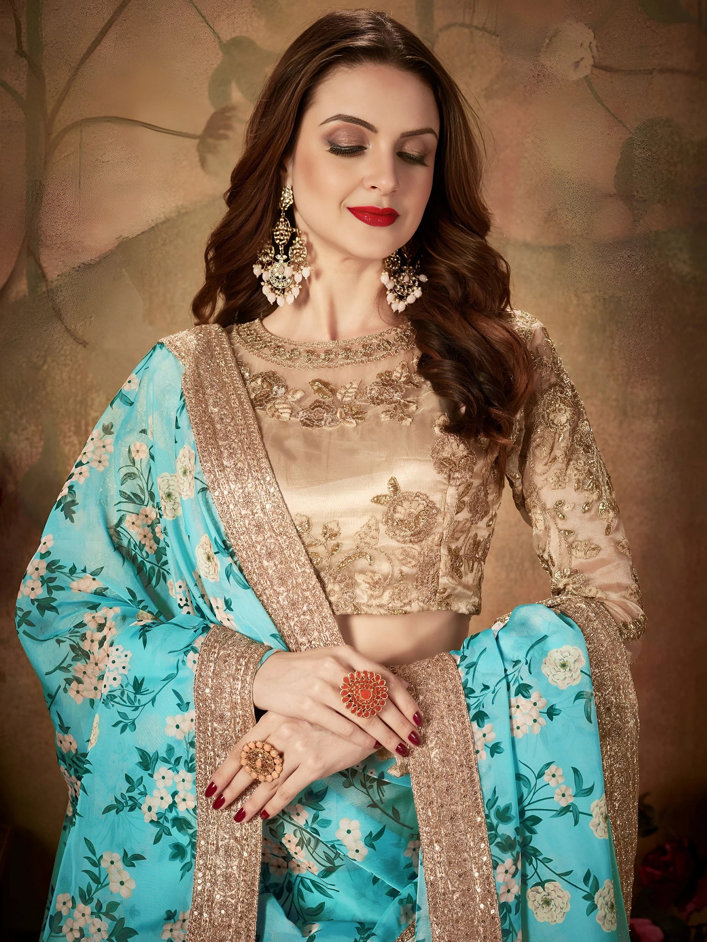 Precious Blue Printed Organza Wedding Wear Plus Size Lehenga Choli