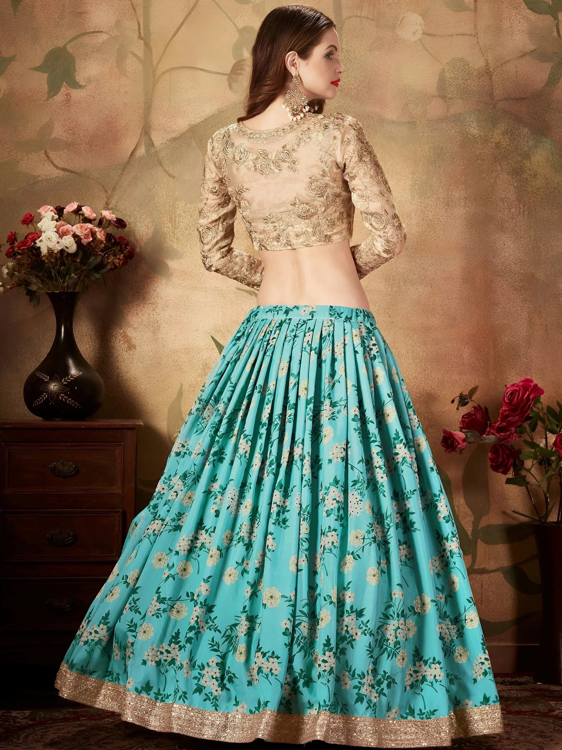 Sky Blue Floral Digital Printed Organza Wedding Wear Lehenga Choli