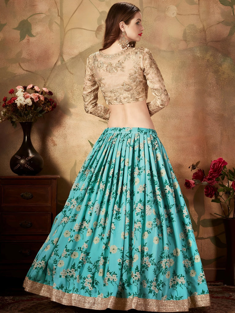 Precious Blue Printed Organza Wedding Wear Plus Size Lehenga Choli