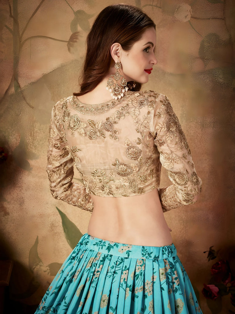 Precious Blue Printed Organza Wedding Wear Plus Size Lehenga Choli