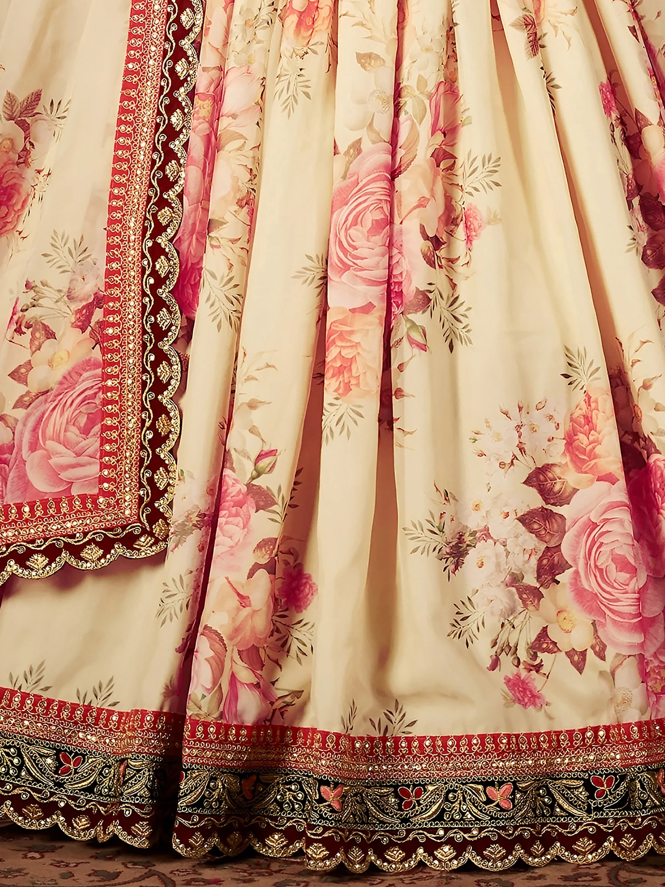 Magnificent Cream Printed Organza Wedding Wear Plus Size Lehenga Choli