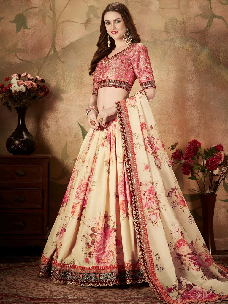 Off White Floral Digital Printed Organza Bridal Lehenga Choli