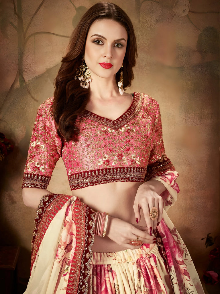 Magnificent Cream Printed Organza Wedding Wear Plus Size Lehenga Choli