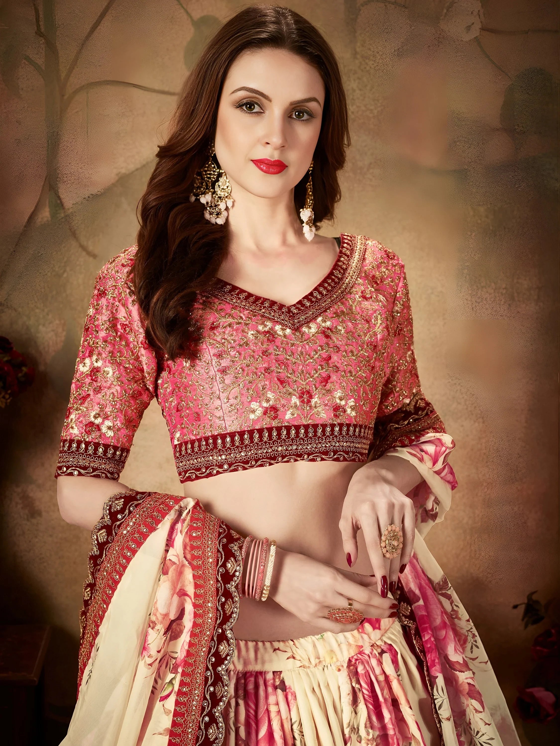 Magnificent Cream Printed Organza Wedding Wear Plus Size Lehenga Choli