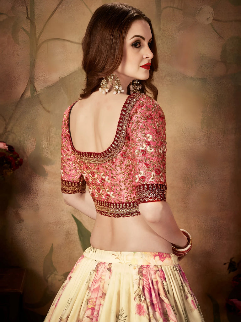 Magnificent Cream Printed Organza Wedding Wear Plus Size Lehenga Choli
