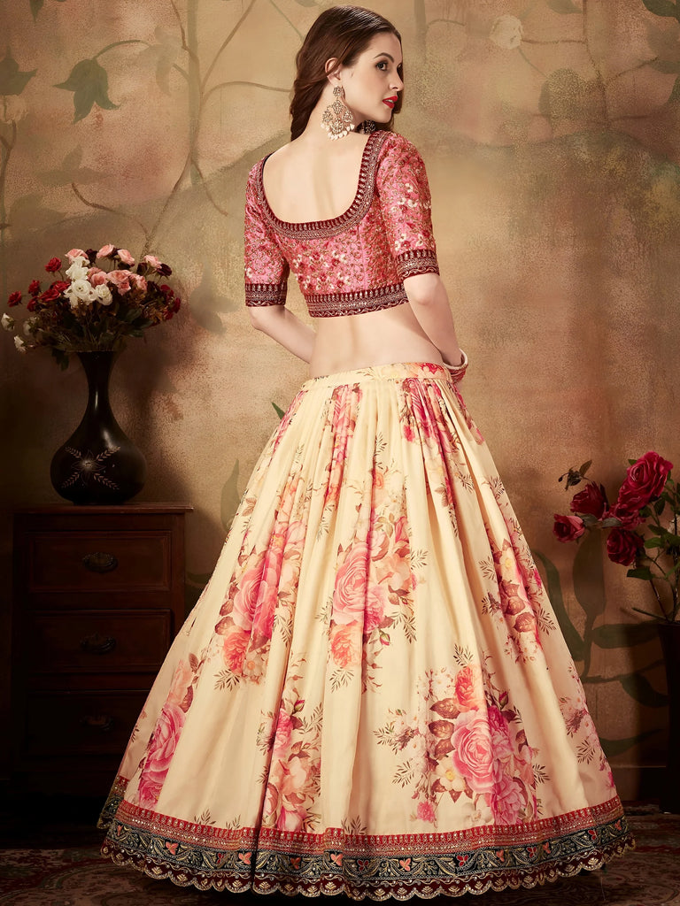 Magnificent Cream Printed Organza Wedding Wear Plus Size Lehenga Choli