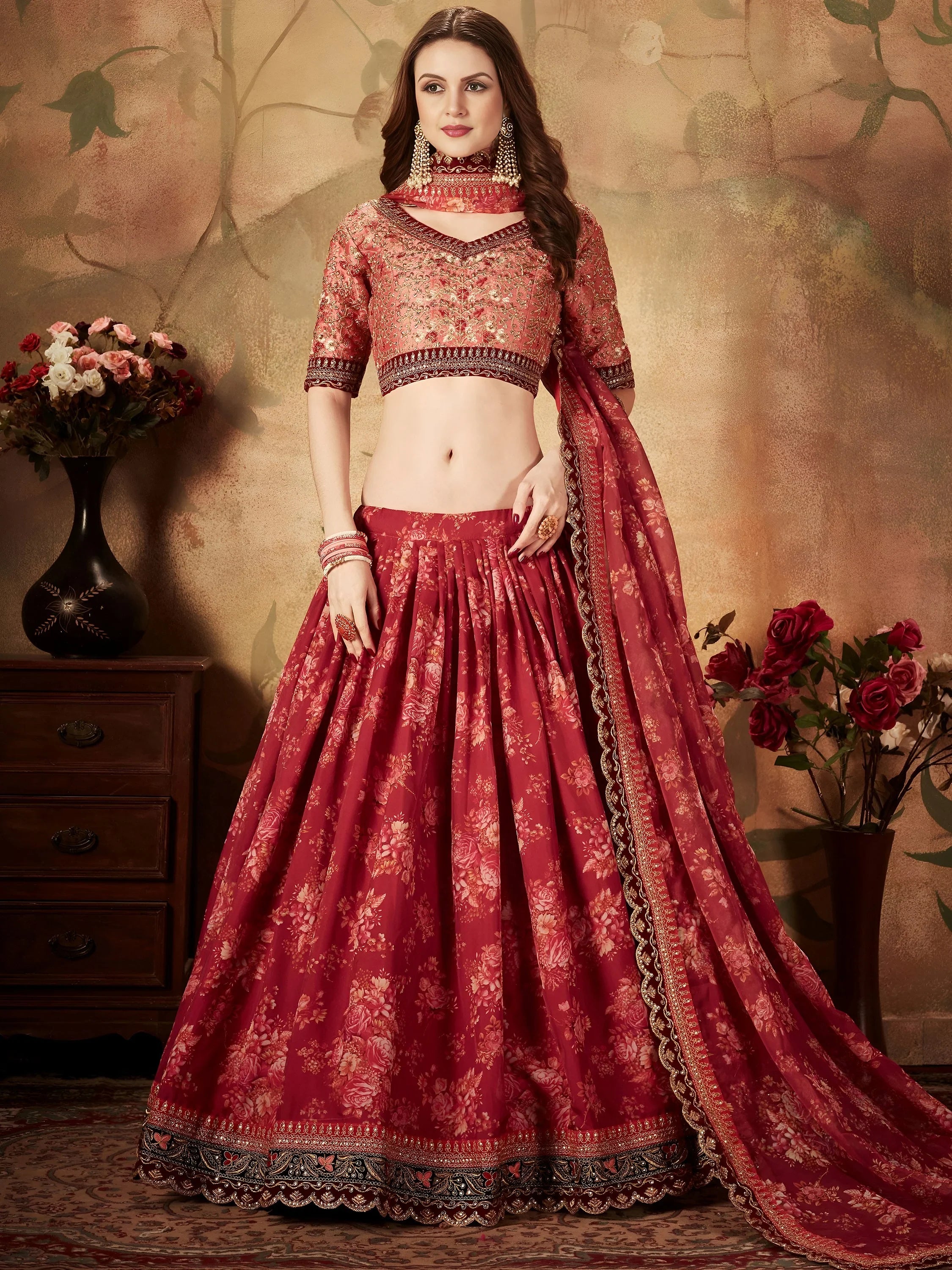 Majestic Maroon Printed Organza Engagement Wear Plus Size Lehenga Choli