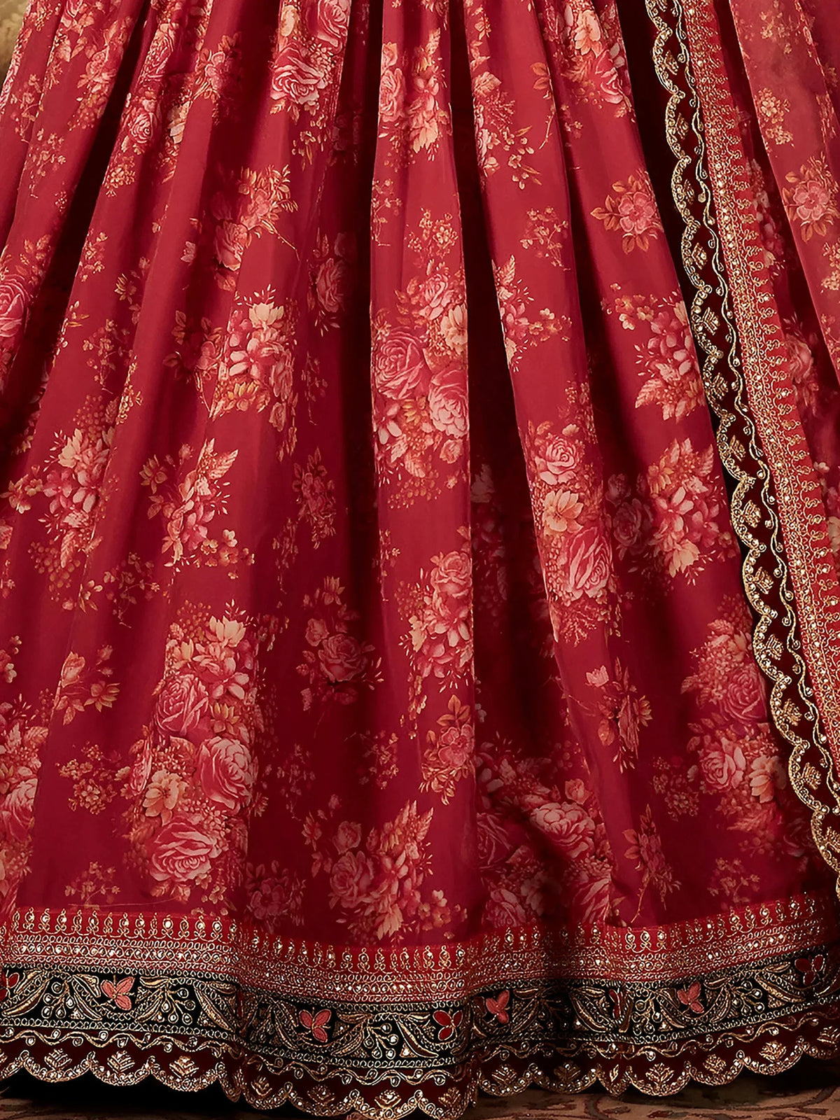 Majestic Maroon Printed Organza Engagement Wear Plus Size Lehenga Choli