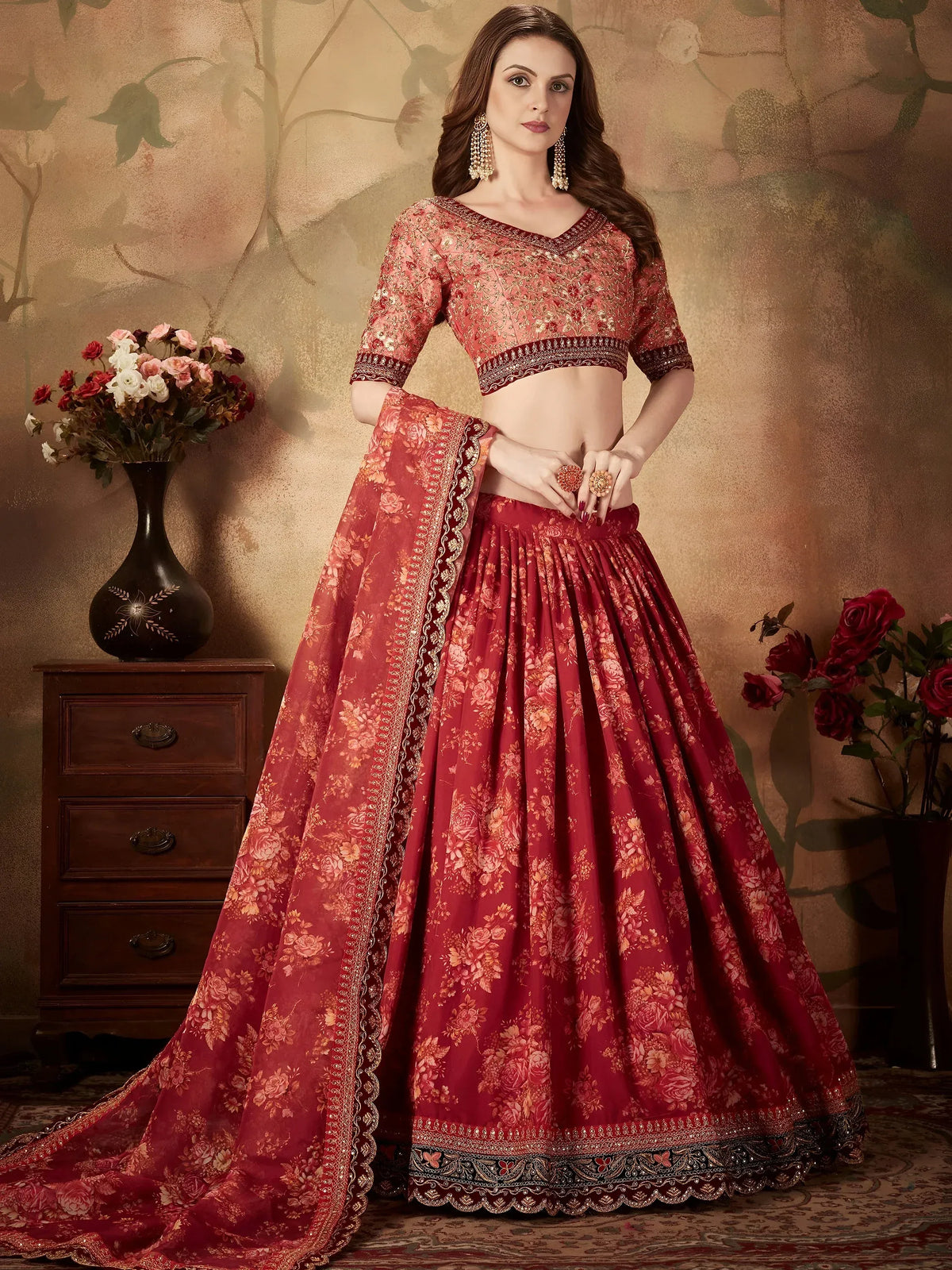 Majestic Maroon Printed Organza Engagement Wear Plus Size Lehenga Choli
