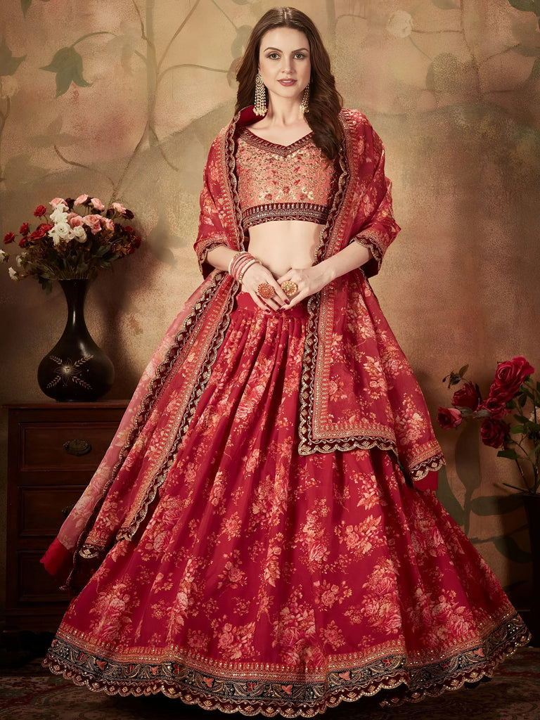 Majestic Maroon Printed Organza Engagement Wear Plus Size Lehenga Choli