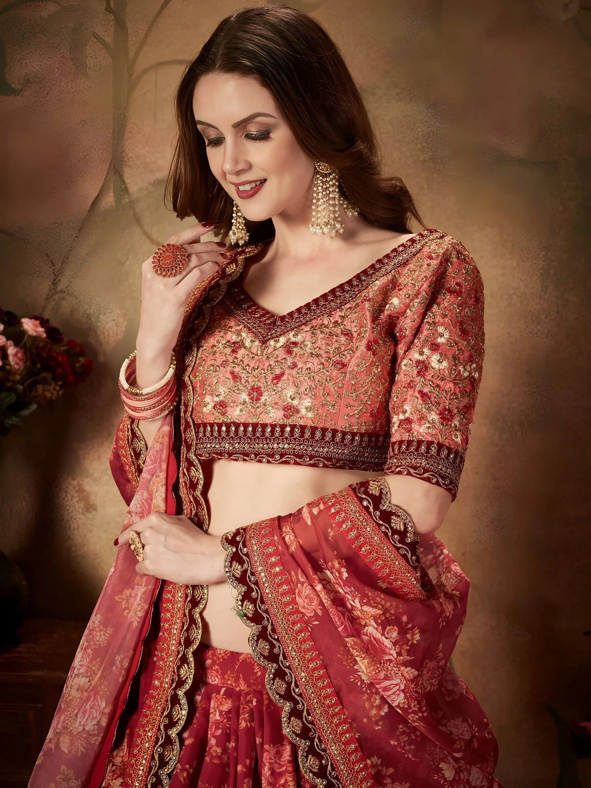Majestic Maroon Printed Organza Engagement Wear Plus Size Lehenga Choli