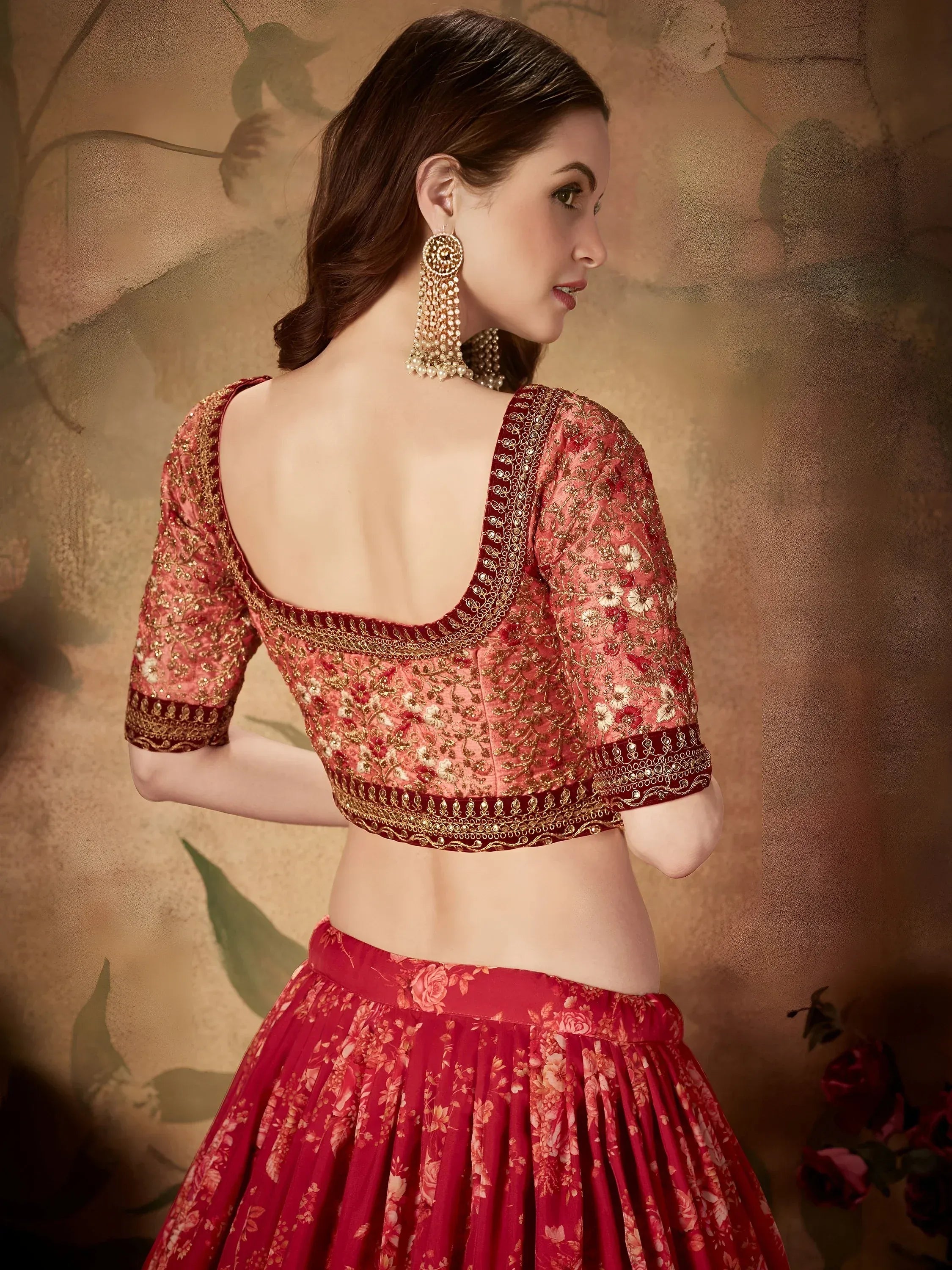 Maroon Floral Digital Printed Organza Bridal Lehenga Choli
