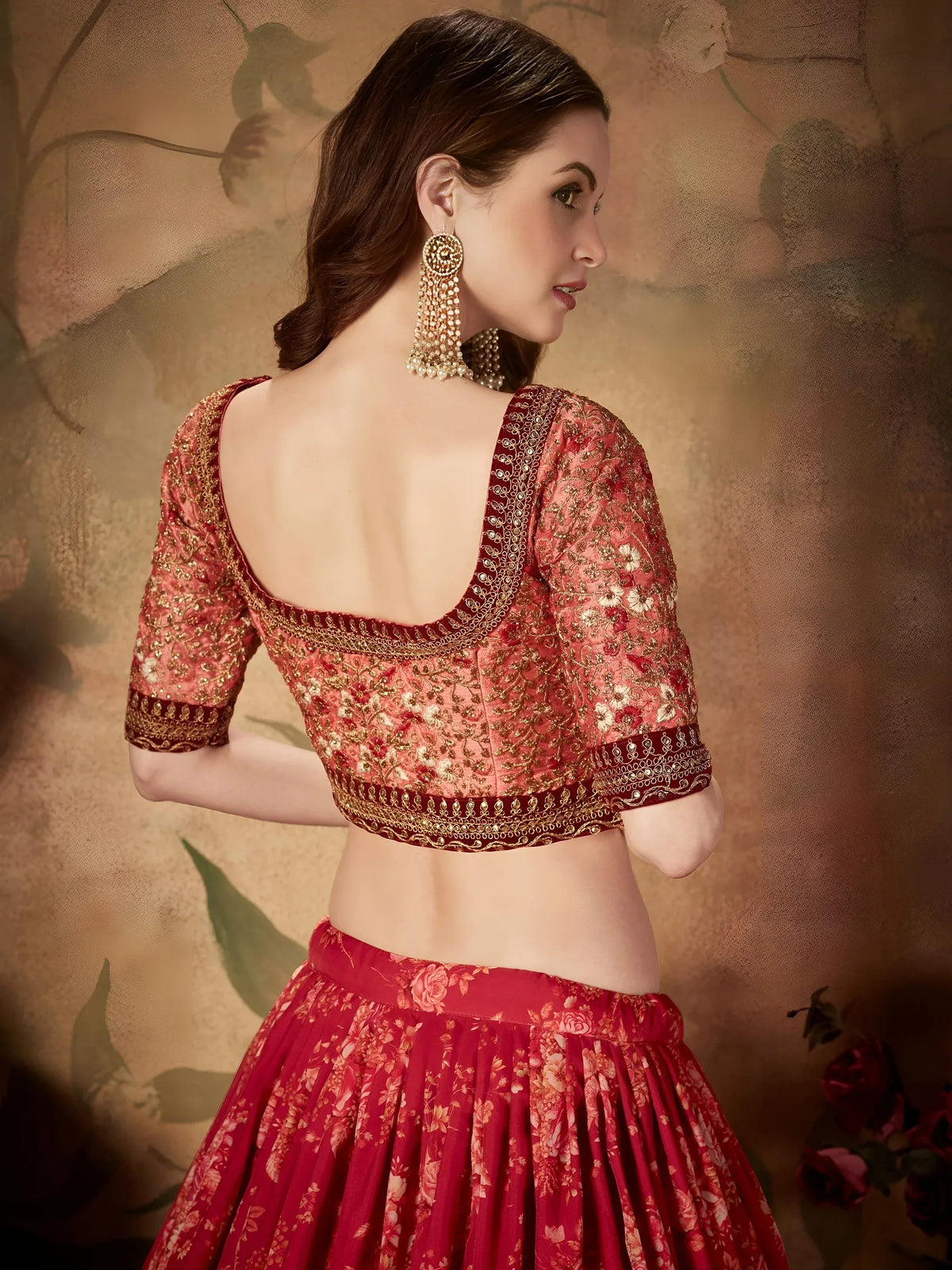 Majestic Maroon Printed Organza Engagement Wear Plus Size Lehenga Choli