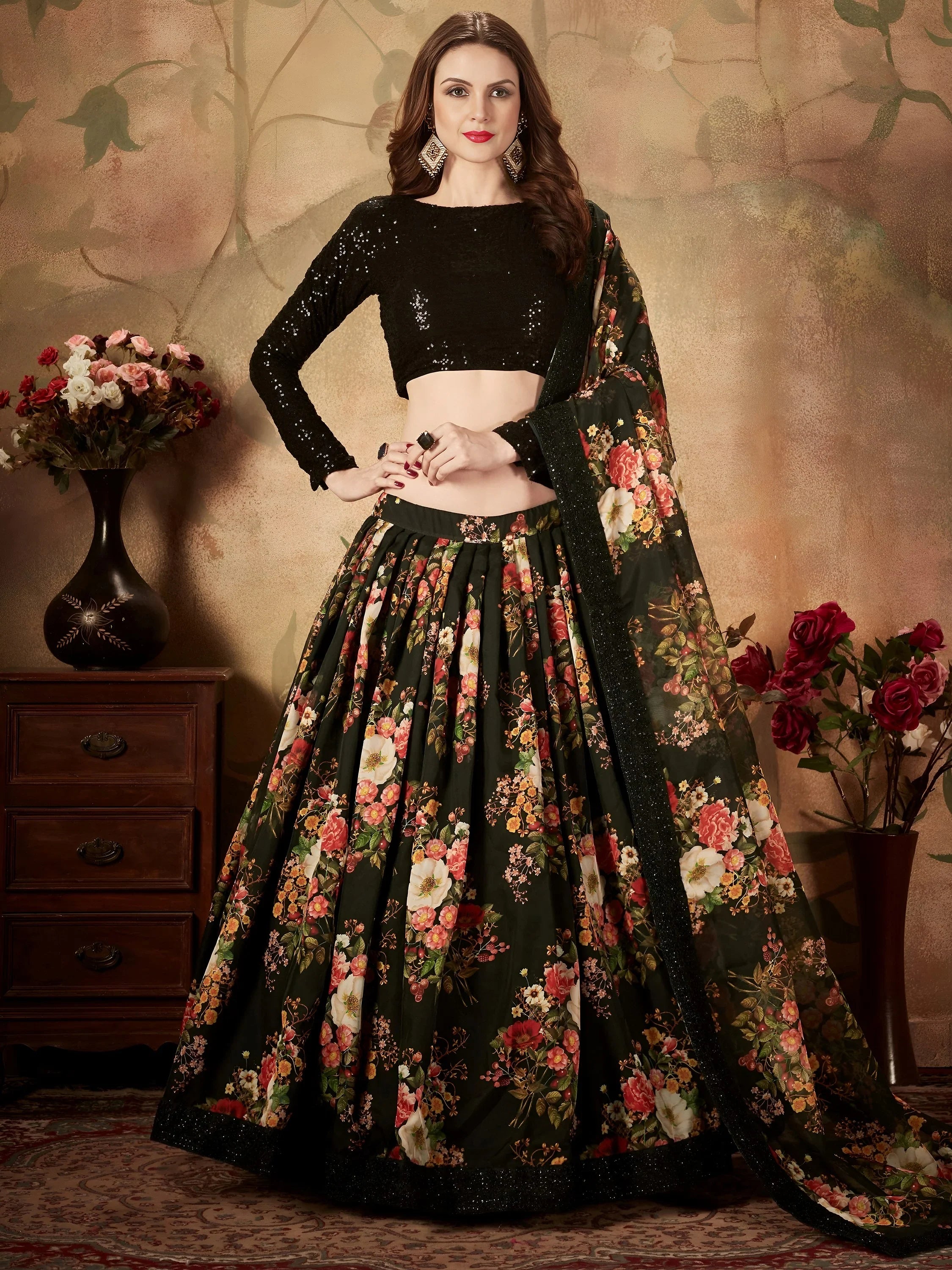 Black Floral Digital Printed Organza Party Wear Lehenga Choli