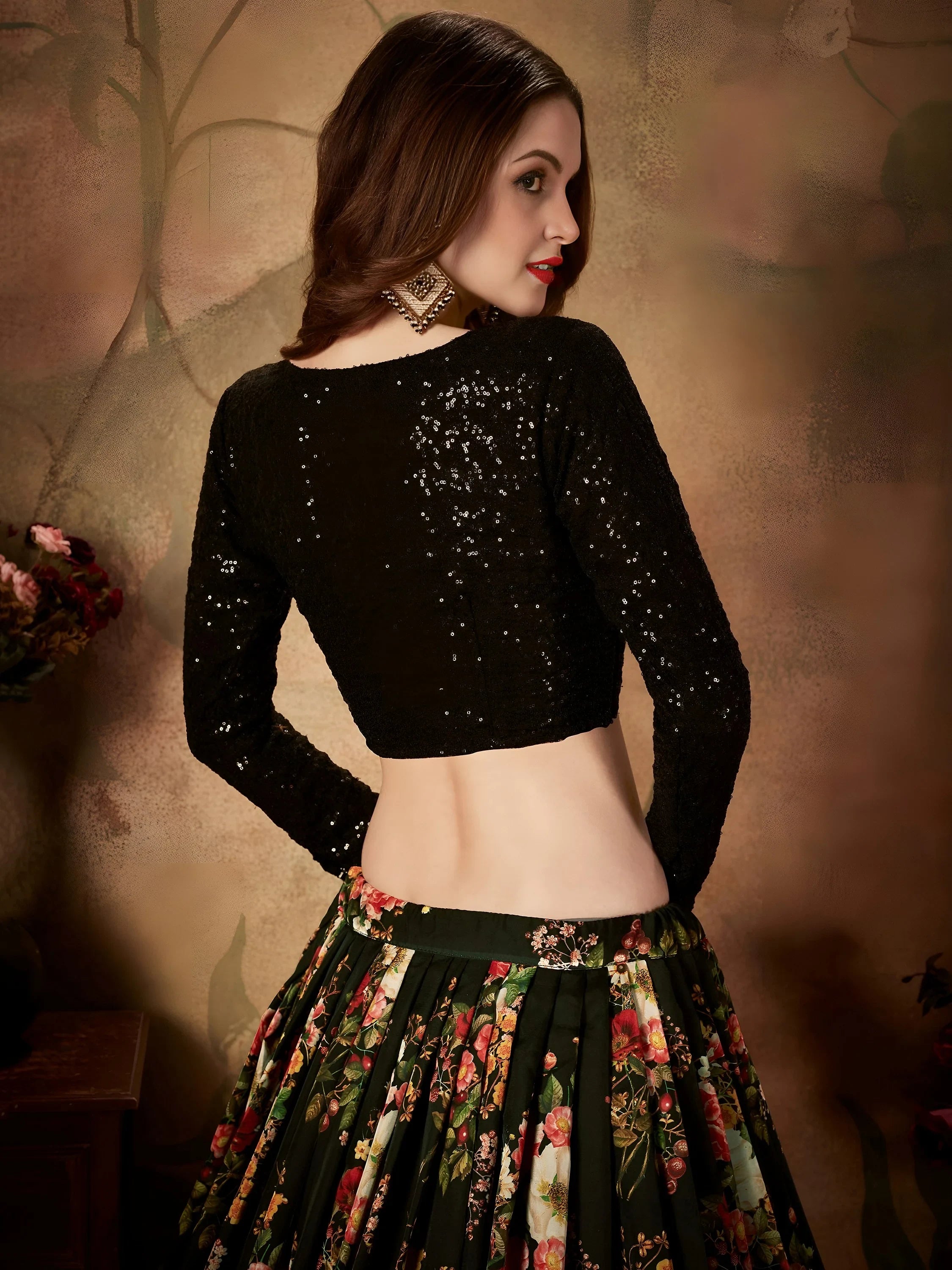 Black Floral Digital Printed Organza Party Wear Lehenga Choli