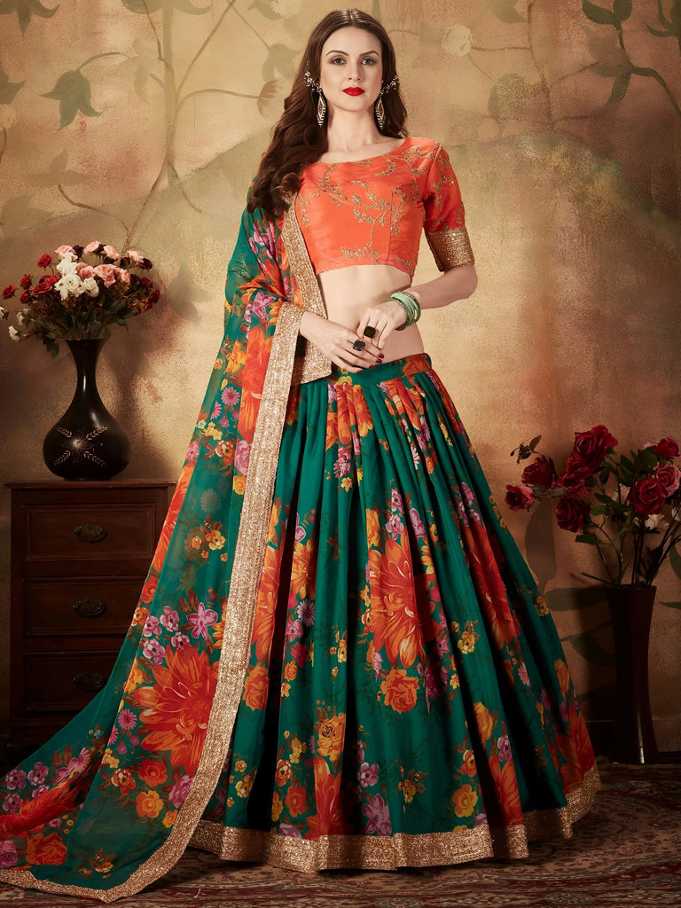 Marvelous Green Printed Organza Festival Wear Plus Size Lehenga Choli