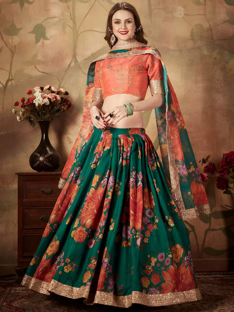 Green Floral Digital Printed Organza Bridal Lehenga Choli