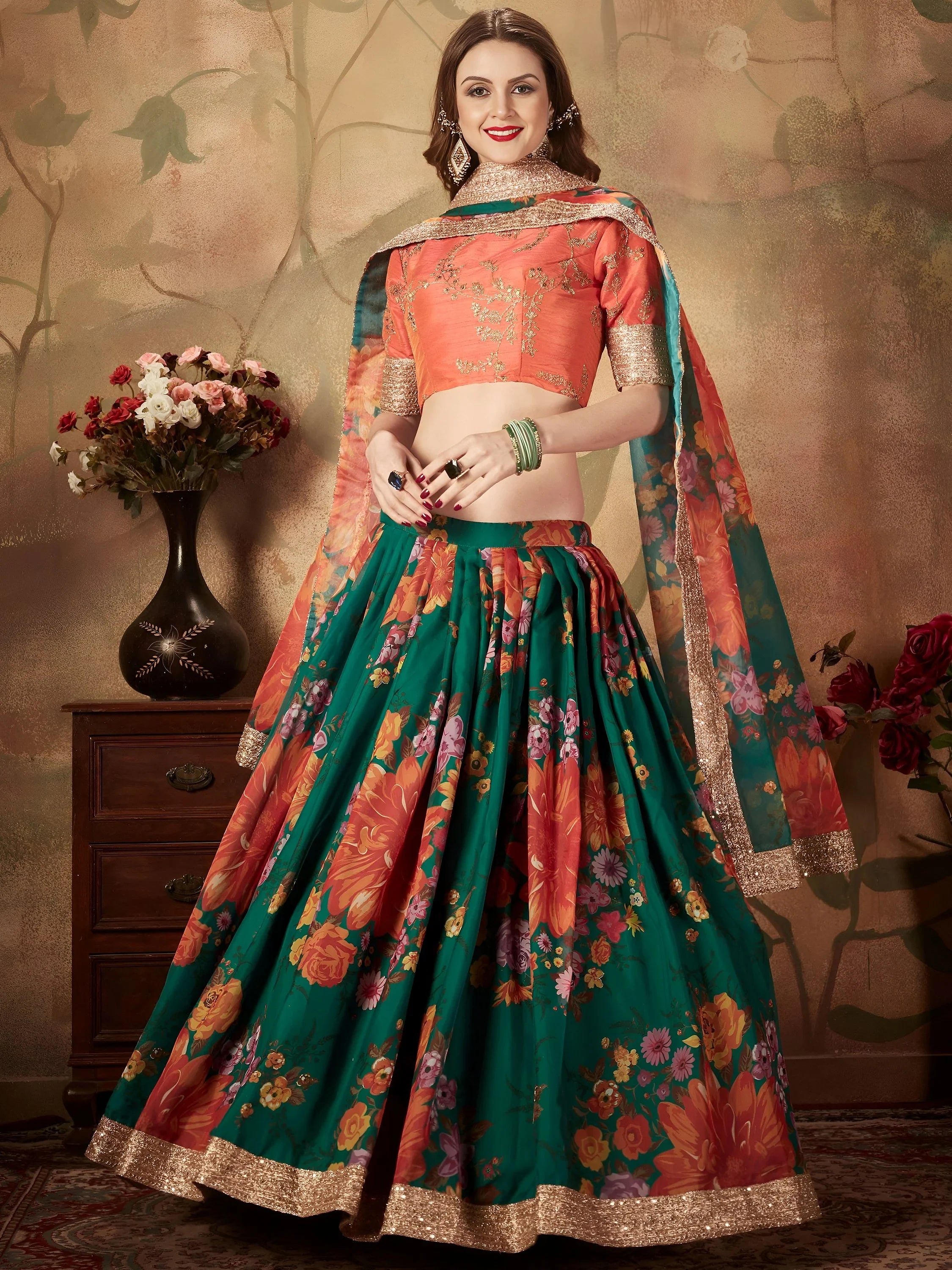Marvelous Green Printed Organza Festival Wear Plus Size Lehenga Choli