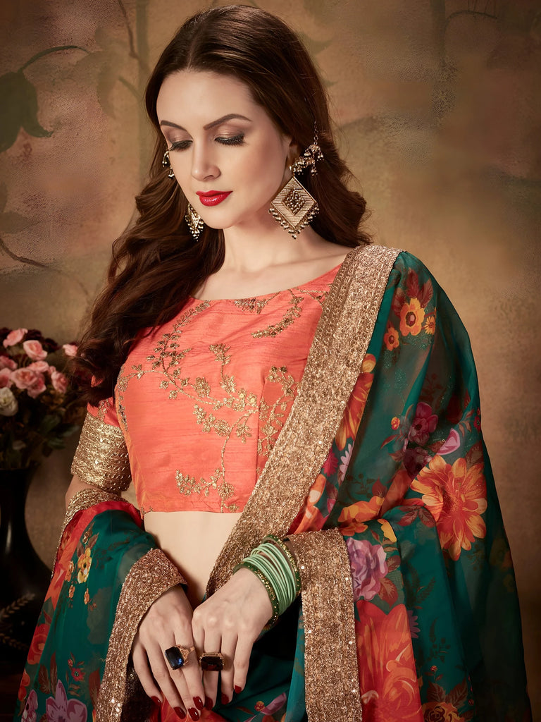 Marvelous Green Printed Organza Festival Wear Plus Size Lehenga Choli